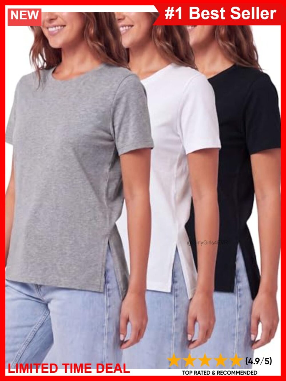 3 Pack Womens Cotton Blend T-Shirts Split Hem Short Sleeve Crew Neck Tees